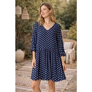 Garnet Hill Dress Size 14 Navy Floral Knee 3/4 Sleeve Boho Peasant Folk Swing